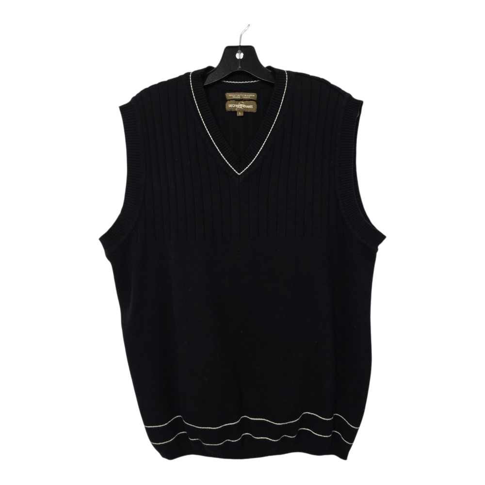 Vintage 90s Y2K Rib Knit Sweater Vest Men L Black Tennis Varsity Preppy Academia